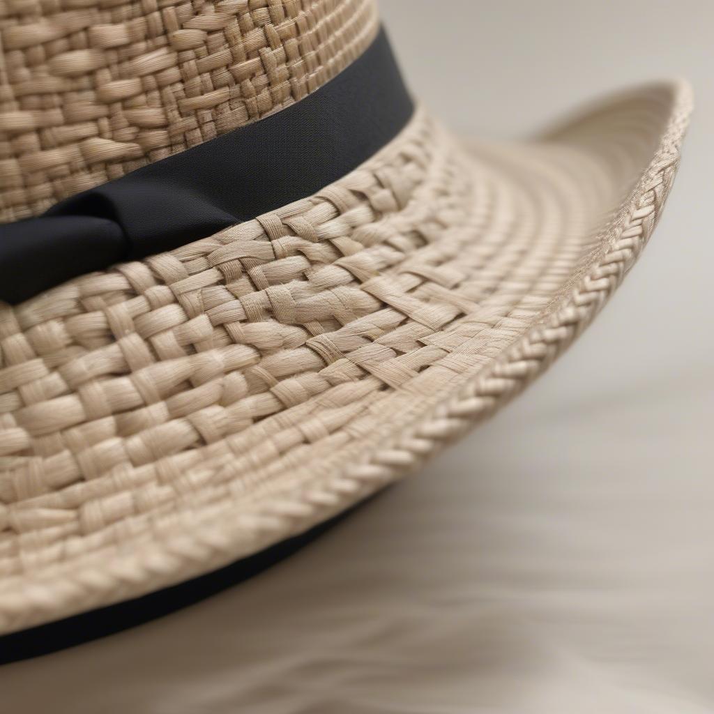 Close-up view of a finely woven panama hat, showcasing the intricate details of the weave.