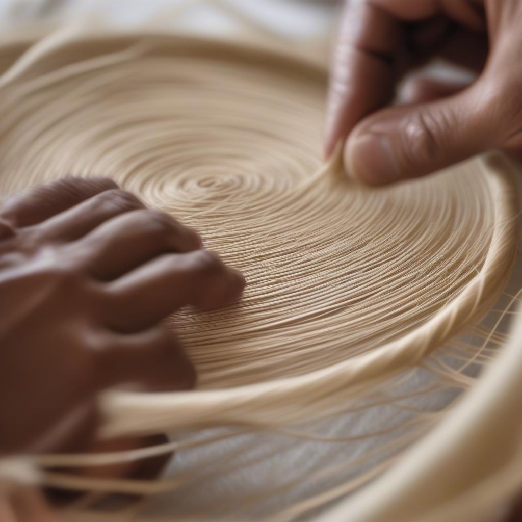 A close-up of a weaver's hands meticulously weaving Toquilla straw.