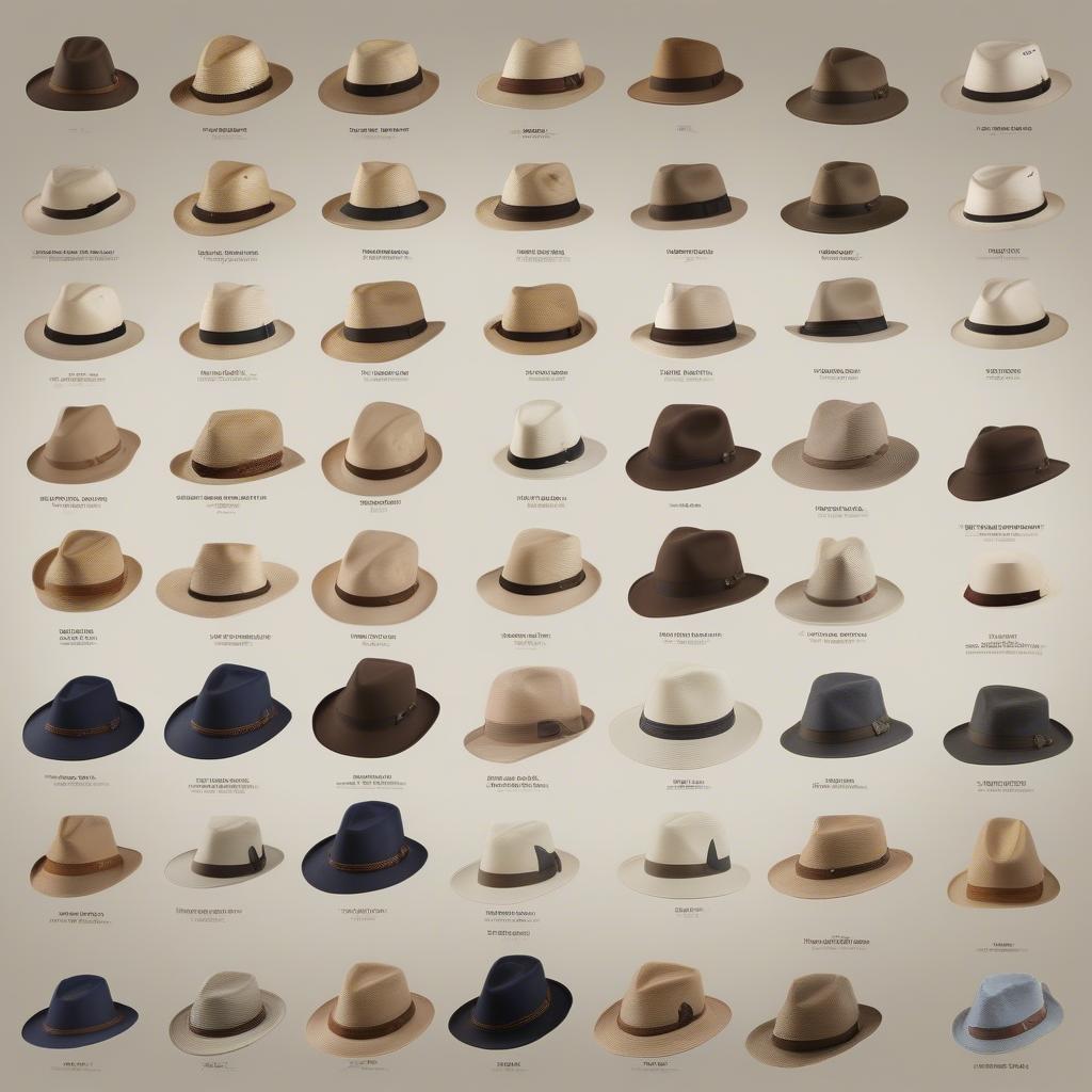 Different styles of Panama Jack hats, showcasing various brim widths and crown shapes.