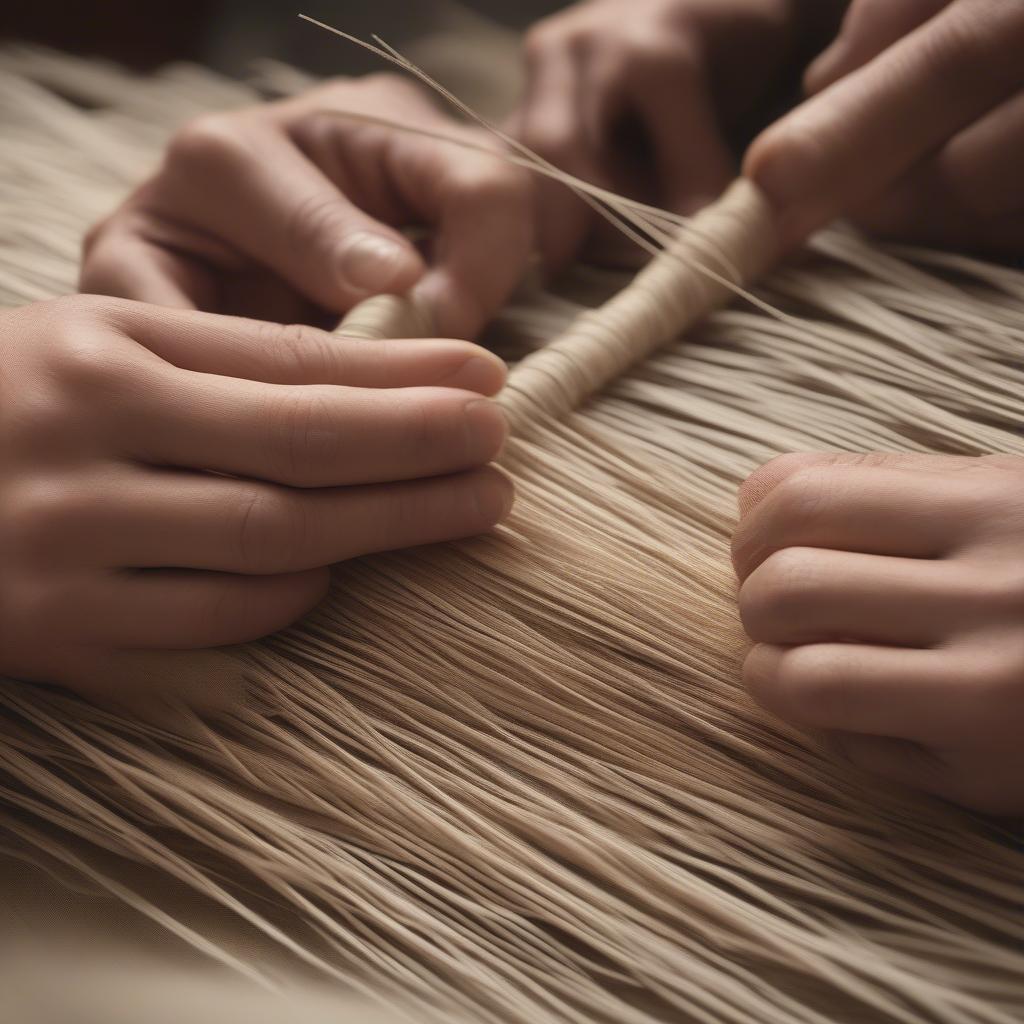 Close-up view of paper rush being woven into a chair seat