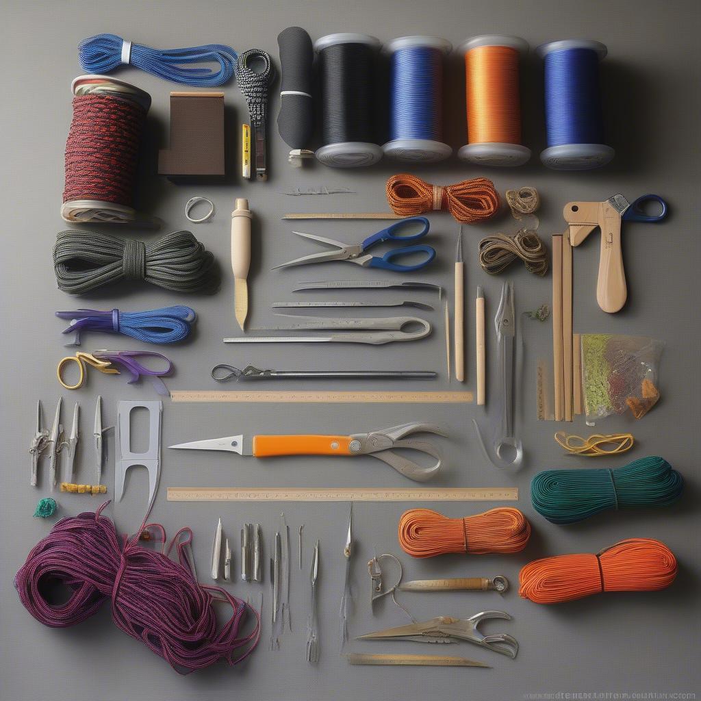 Essential tools and materials for paracord chair weaving, including paracord, fid, measuring tape, lighter, and scissors.