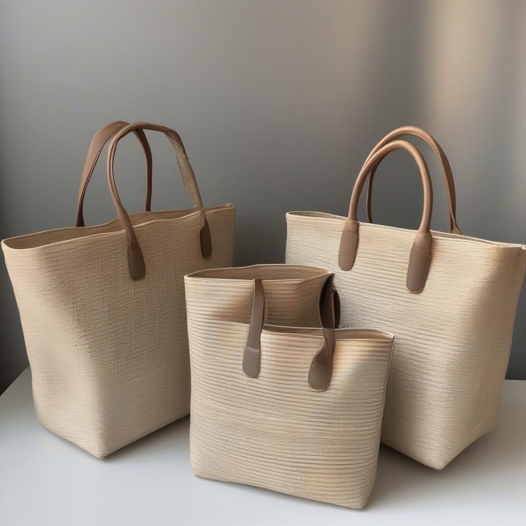 Various sizes of Paris Milano woven tote bags displayed side-by-side.