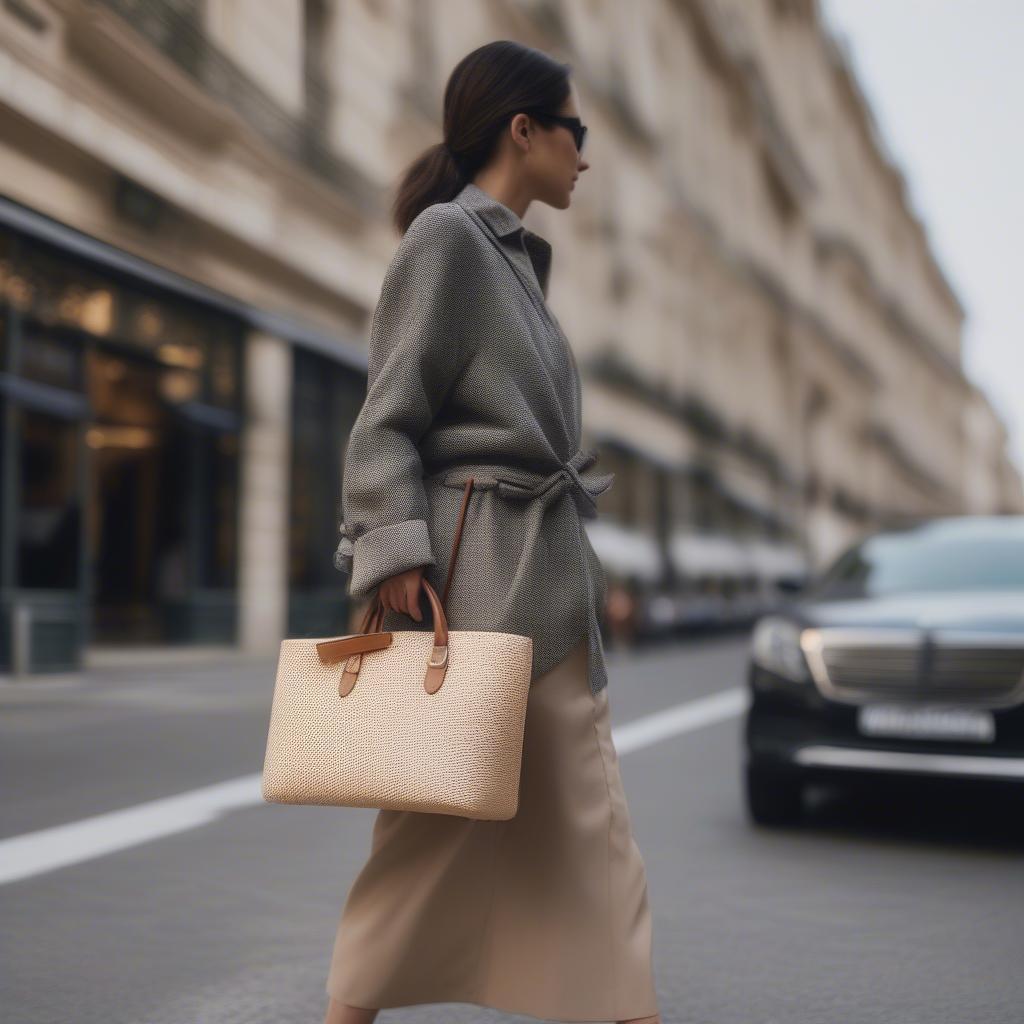 A woman stylishly carrying a Paris Milano woven tote bag in a city setting.