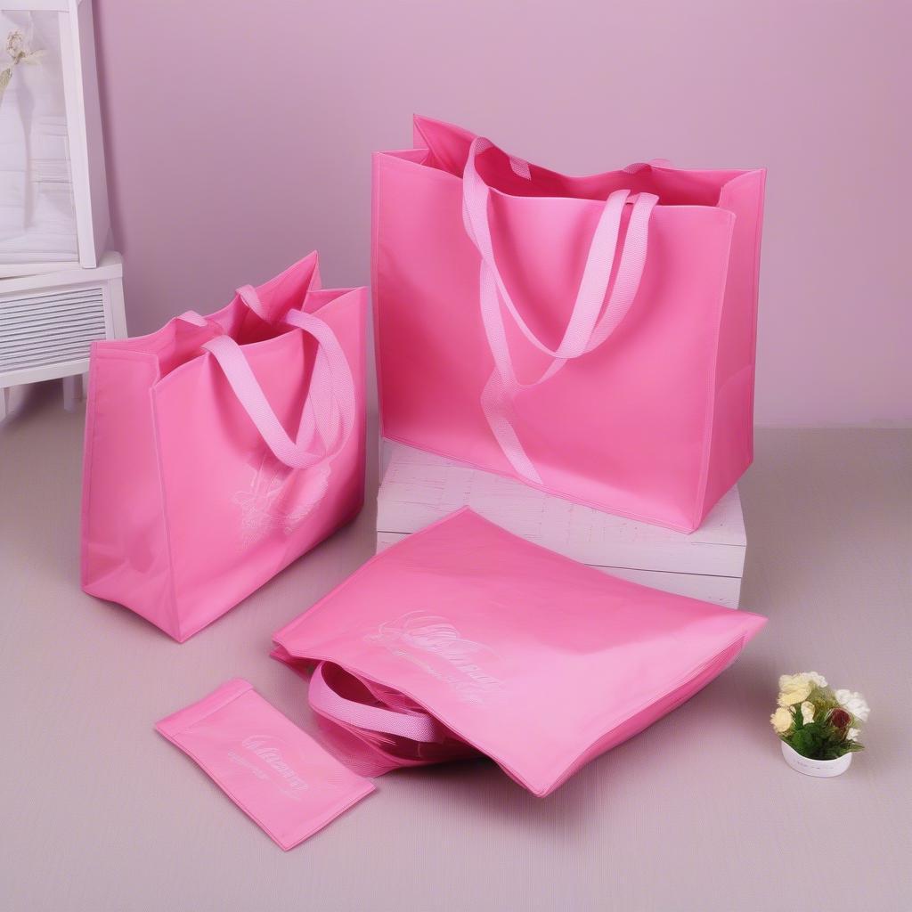 Various pink non-woven shopping bags displayed in different sizes and styles.