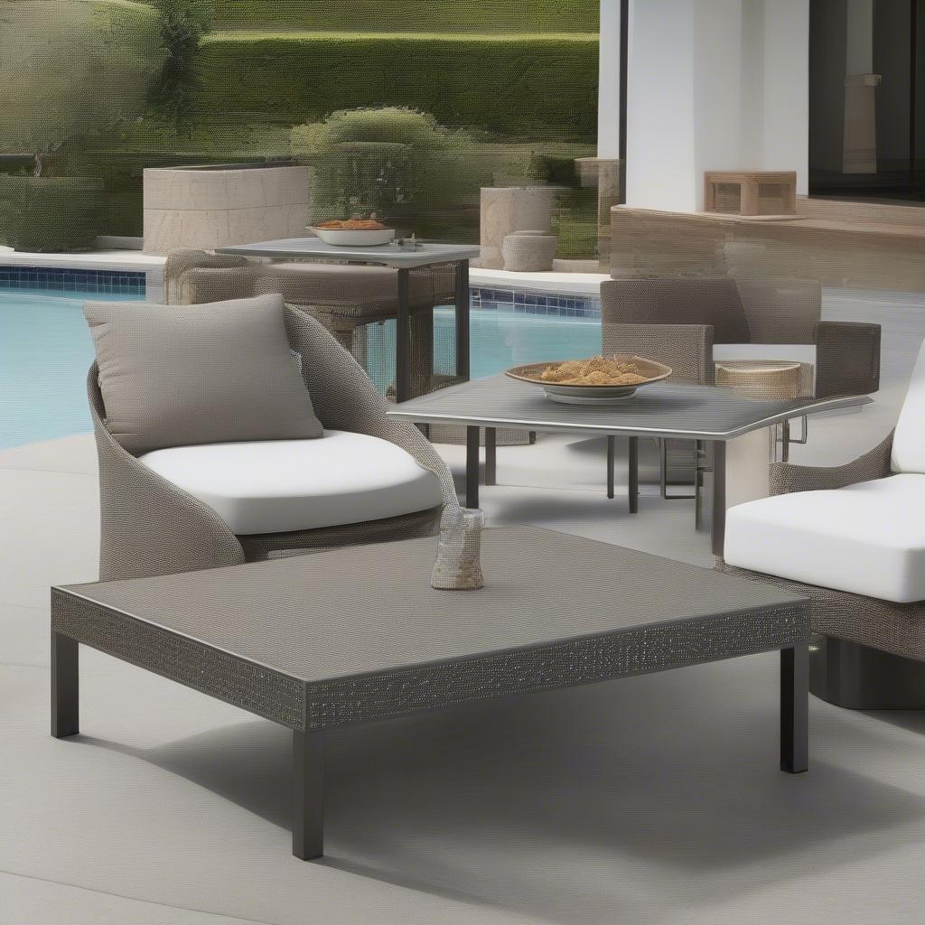 Different Styles of Pool Side Occasional Tables with Metal Weave Tops