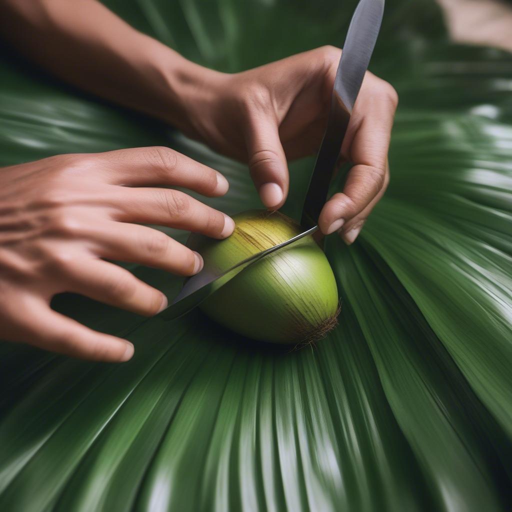 Preparing Coconut Leaves for Weaving