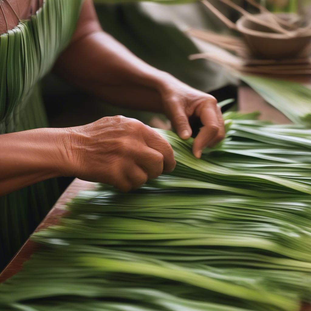 Close-up of hands preparing lauhala leaves for weaving, demonstrating the traditional techniques.