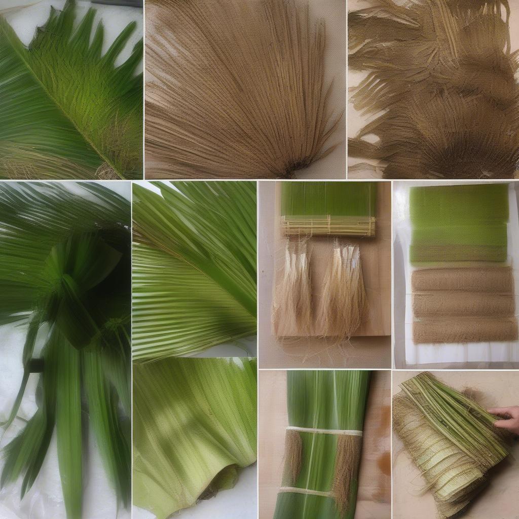 Palm fronds being prepared for hat weaving - drying, soaking, and trimming.