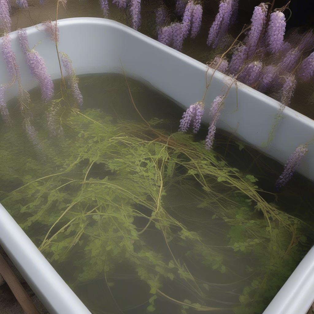 Soaking wisteria vines in water for basket weaving preparation.