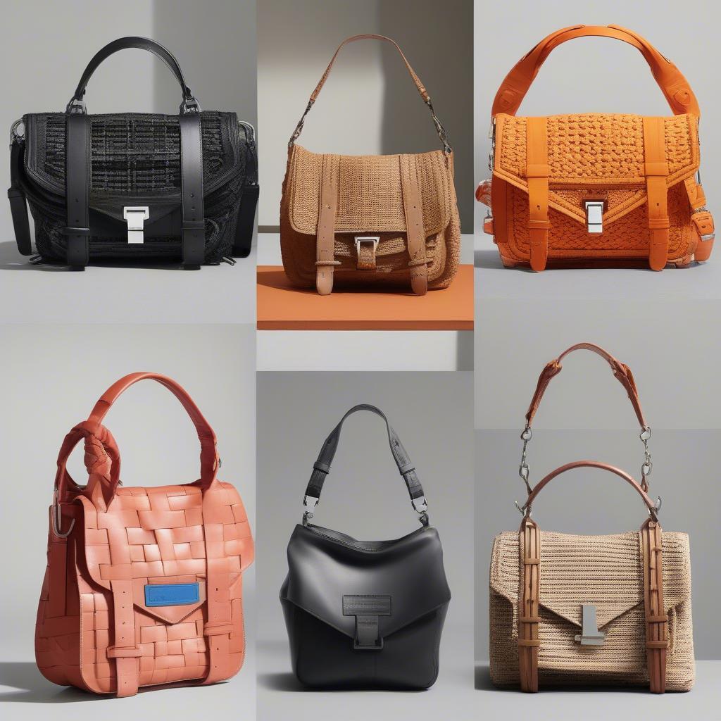 Different styles of Proenza Schouler woven bags including the PS1 and the Hava bag