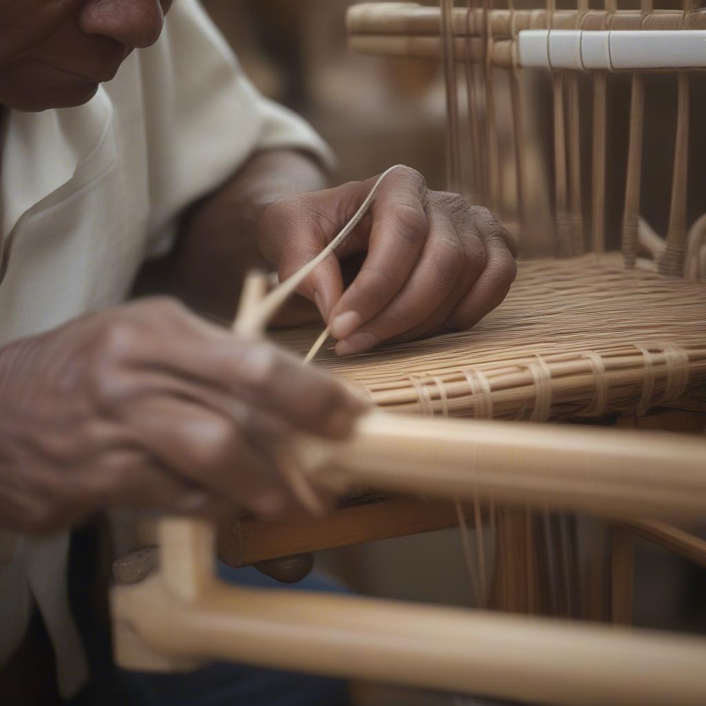 A skilled artisan meticulously weaving the seat of a chair.