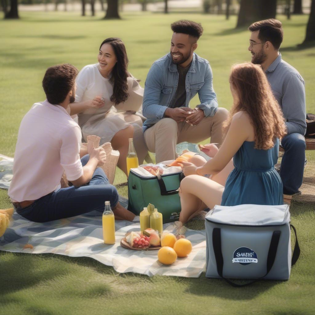 People using promotional non-woven cooler bags at an outdoor event.