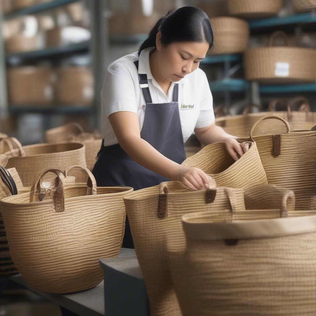 Quality control inspection of straw basket bags in a factory