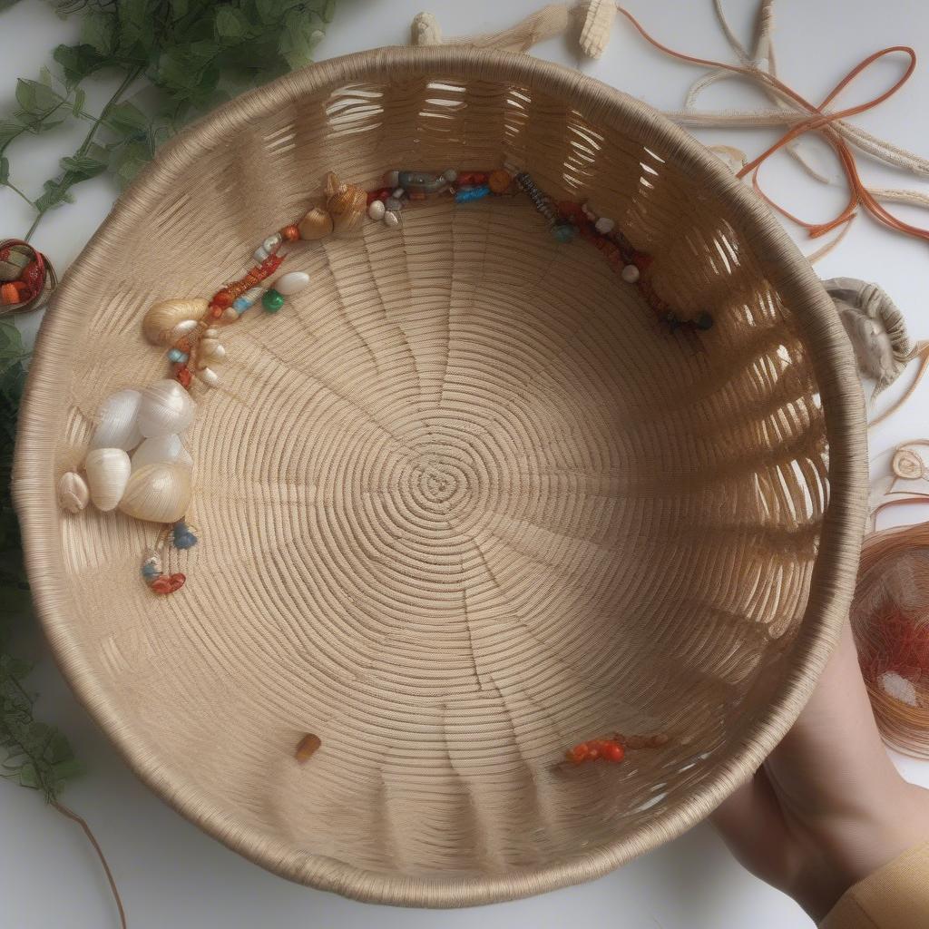 Adding handles and finishing touches to a raffia basket.