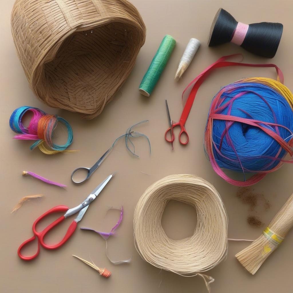 Raffia basket weaving materials: Raffia strands, scissors, measuring tape, needle, and cardboard base.