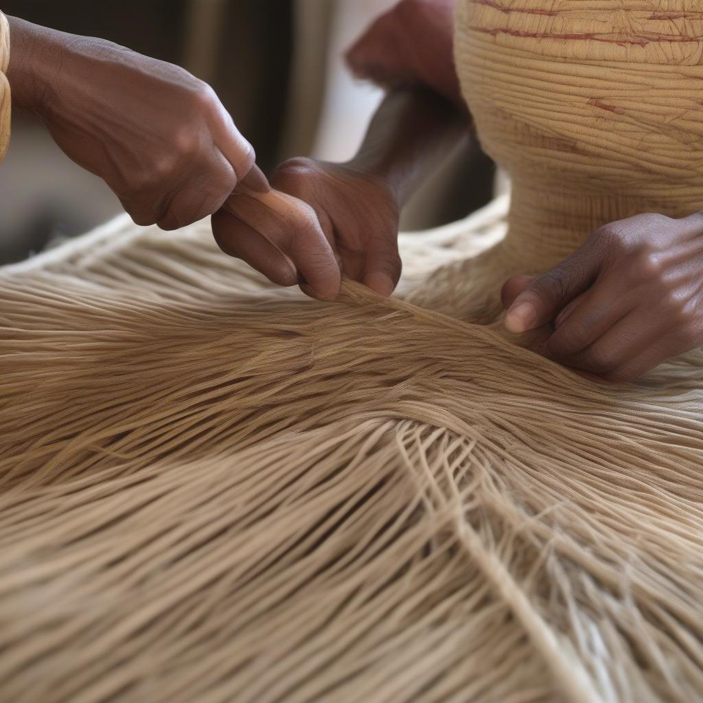 Demonstrating the over-under and twining techniques in raffia basket weaving.