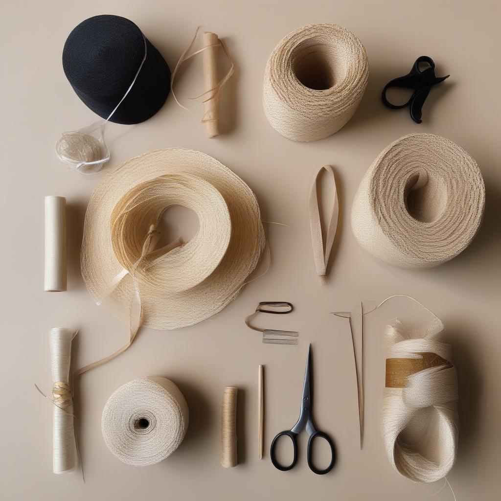 Raffia, needles, scissors, and measuring tape for hat making.