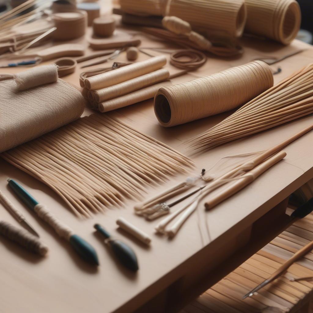 Close-up of different types of rattan used in chair seat weaving