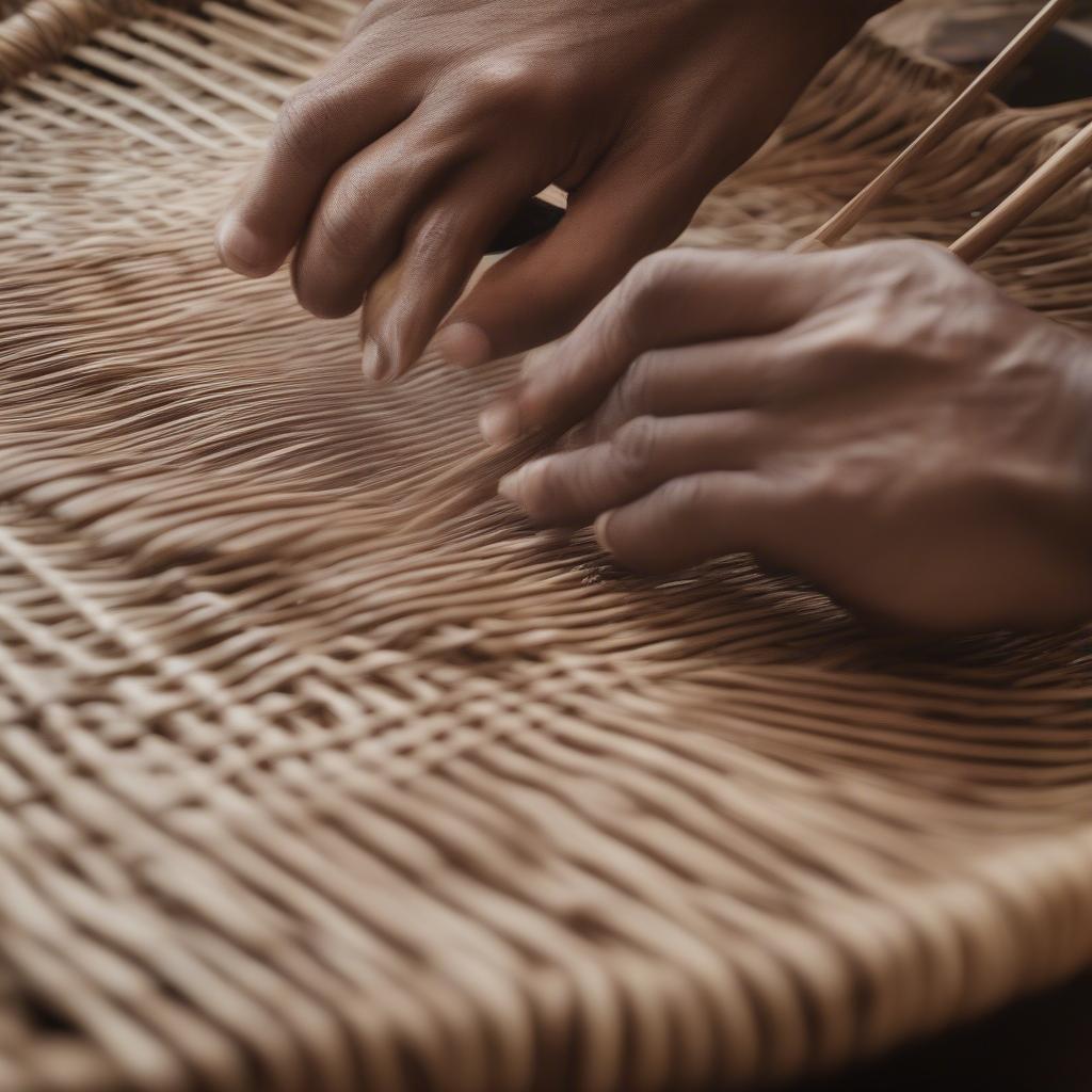 Close-up of the Rattan Chair Weaving Process