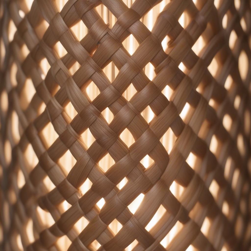 Close-up view of a rattan diagonal weave table lamp, highlighting the intricate craftsmanship and texture of the natural material.