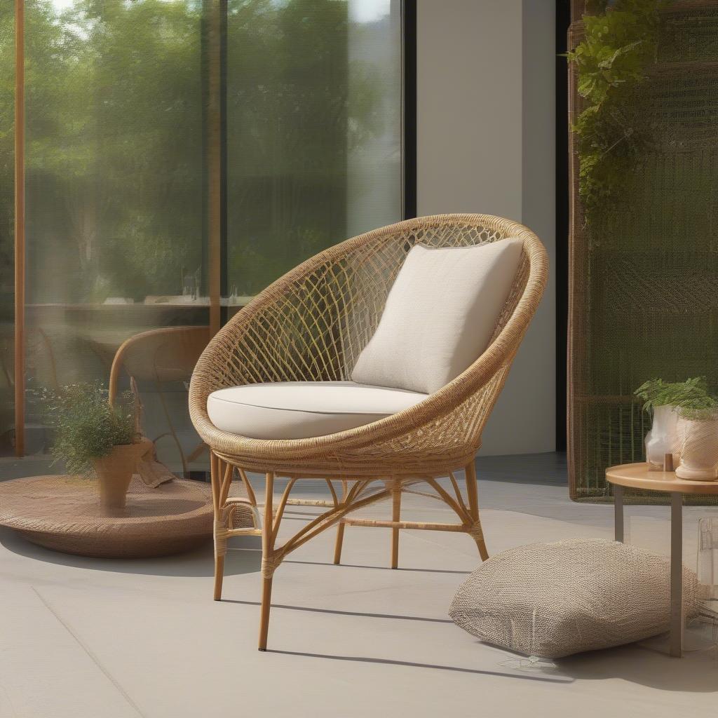 A rattan open weave chair on a patio overlooking a garden.