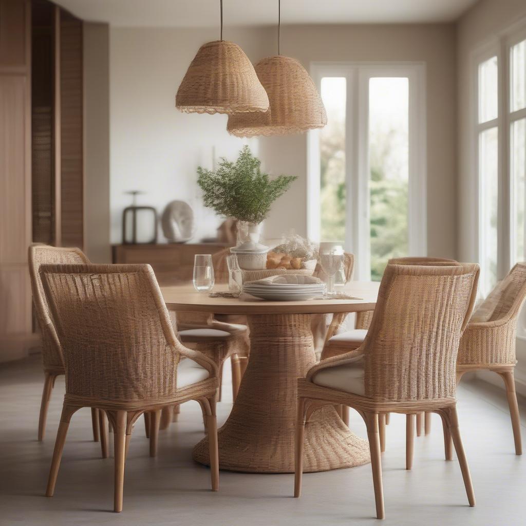 Rattan padded table chairs in a dining room setting