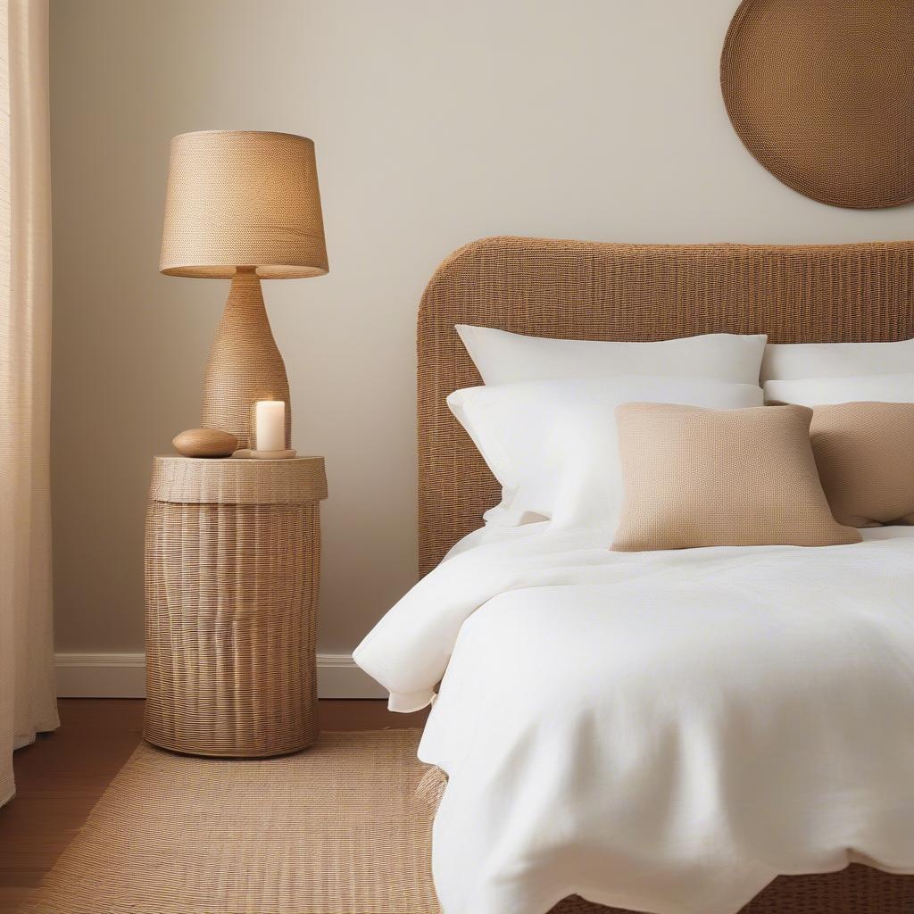 A rattan side table with a weave top placed beside a bed in a cozy bedroom, showcasing its lightweight and elegant design.