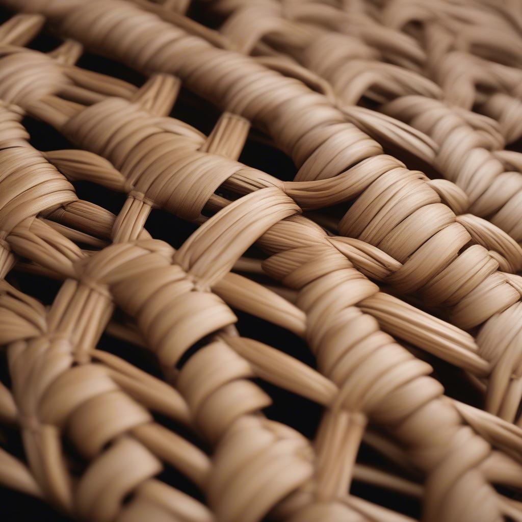 Close-up view of a rattan wicker chair, showcasing the intricate weaving pattern and natural material.