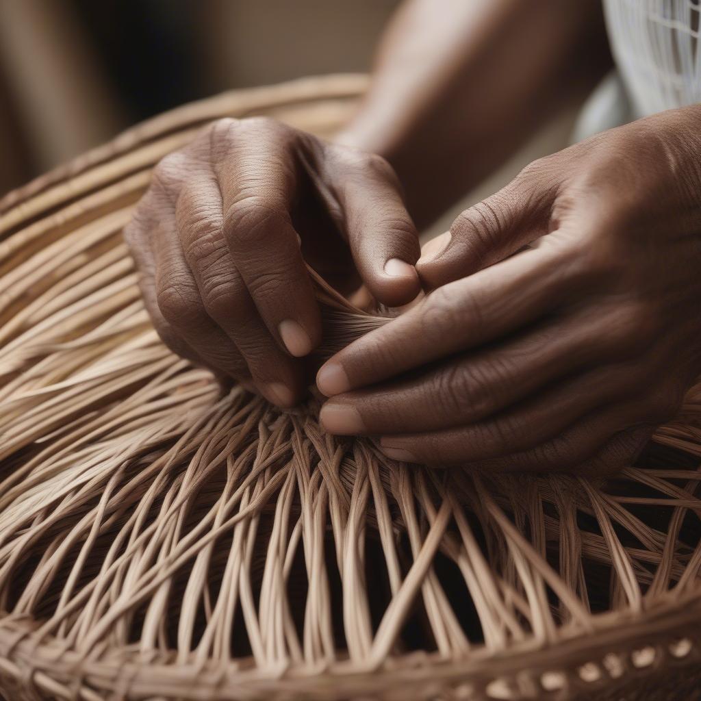 Artisanal basket weaving using wicker and rattan.