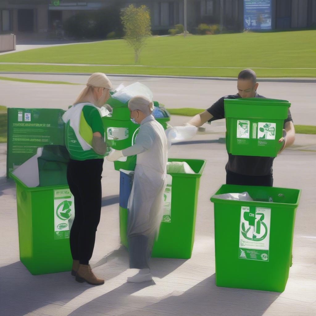 People recycling super g non woven carry bags in designated bins