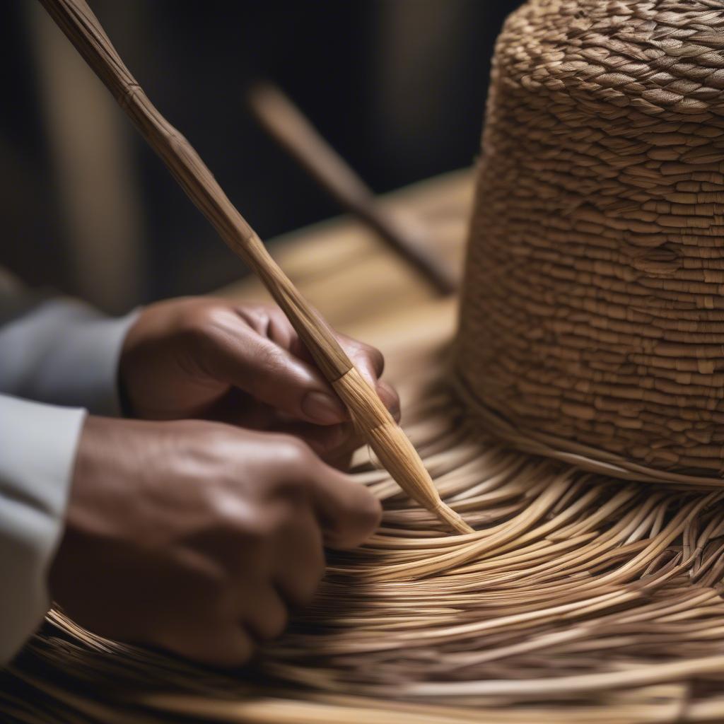 Close-up of hands weaving a reed hat, showcasing the intricate details and craftsmanship involved.