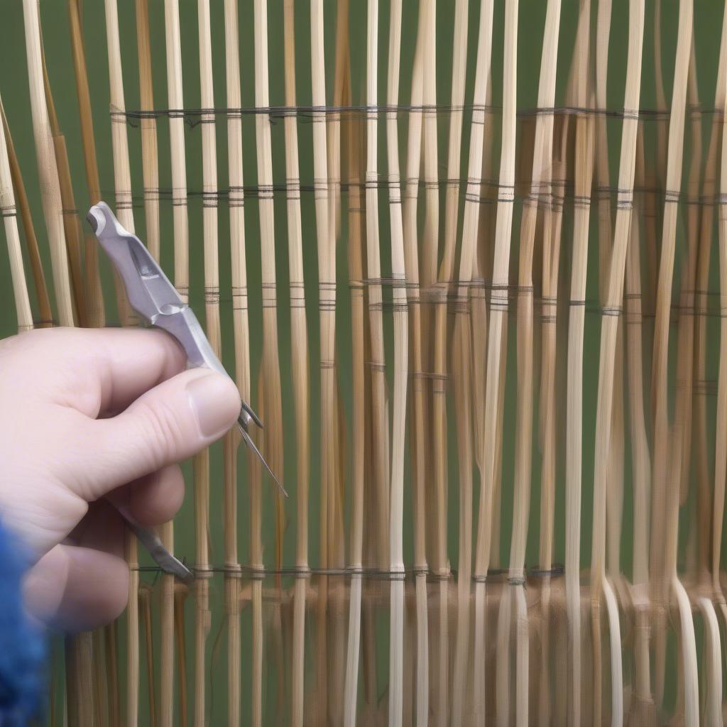 Detailed steps involved in repairing a broken weave on a lawn chair, showing the tools and techniques used.