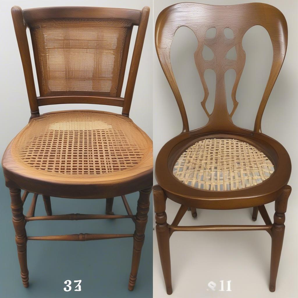 Before and after photos of an antique chair restored by Brennan's Chair Caning & Seat Weaving Service