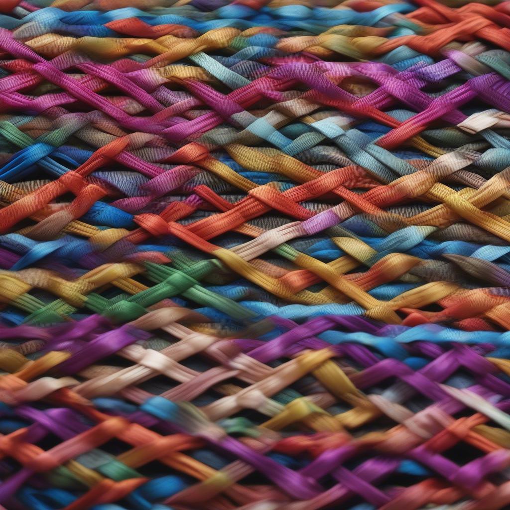 Close-up view of a ribbon woven rectangular table mat showcasing the intricate weaving pattern and the texture of the ribbons.