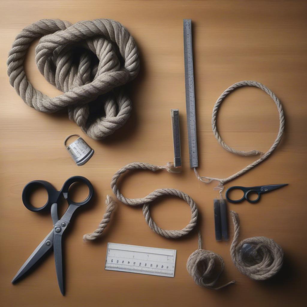 Rope, Metal Ring, Scissors, and Measuring Tape for Weaving a Suspension Chair