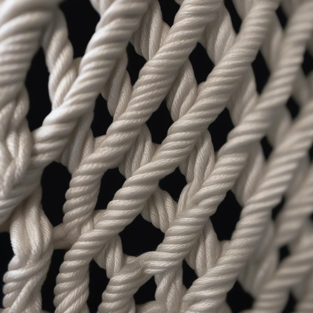 Close-up view of a rope woven chair seat, showcasing the intricate details of the craft and the texture of the rope.