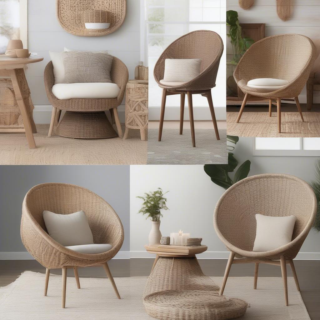 Examples of round back chairs with woven strips in different room settings, including a living room, dining room, and bedroom.