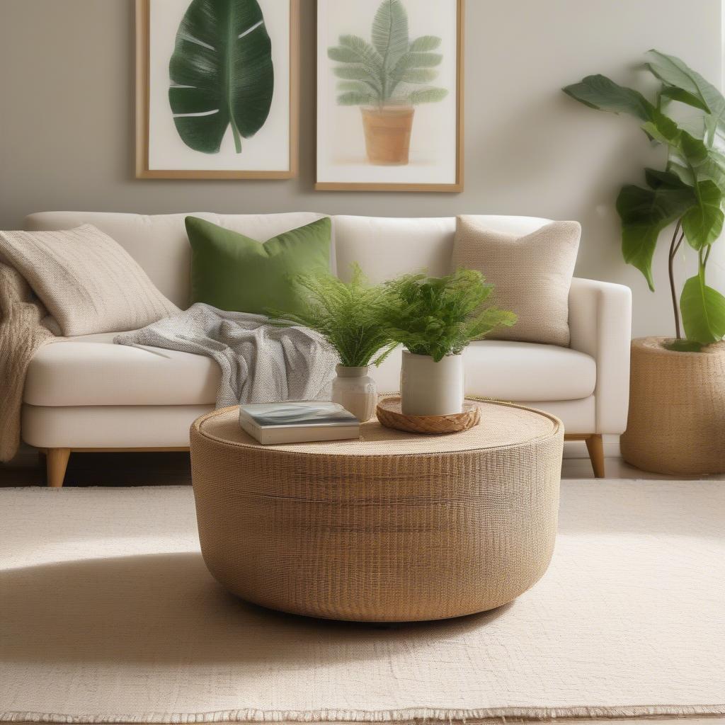 Round Banana Weave 2 Tier Coffee Table in a Living Room