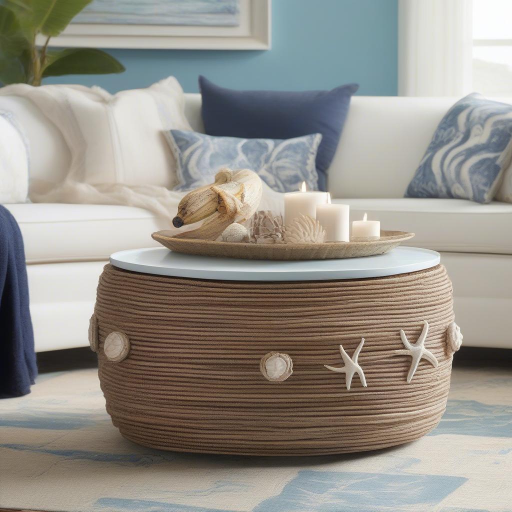 Round Banana Weave Coffee Table in a Coastal Living Room