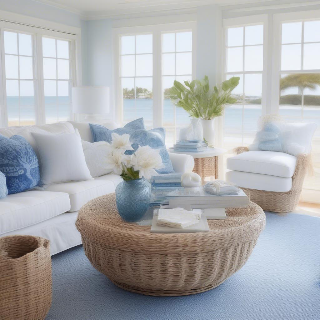 Round Basket Weave Coffee Table in a Coastal Living Room