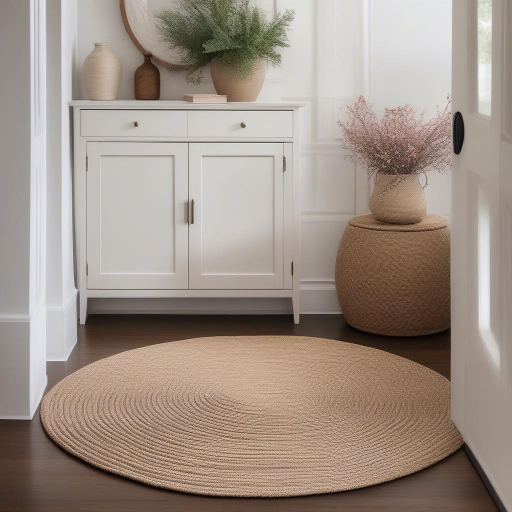 Round jute basket weave rug in an entryway