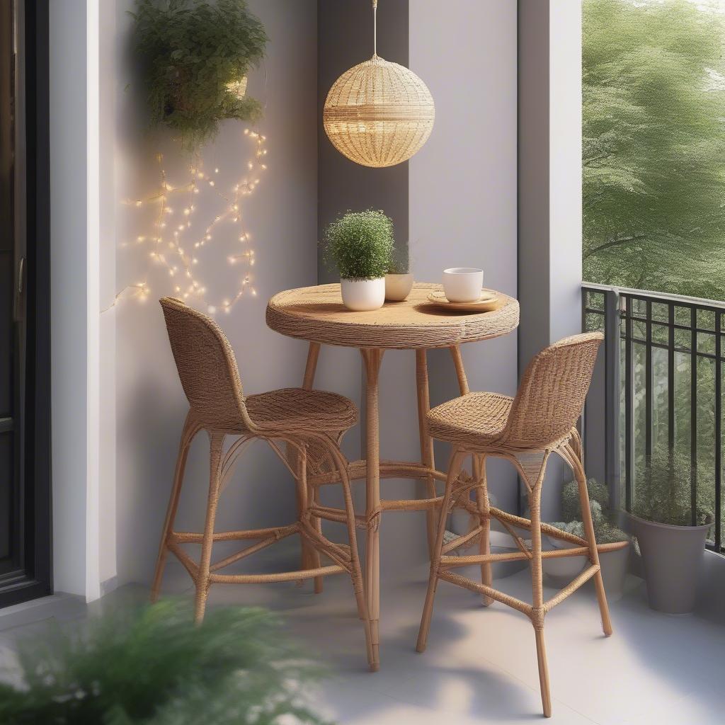 Round Wicker High Top Table and Stools on a Small Balcony