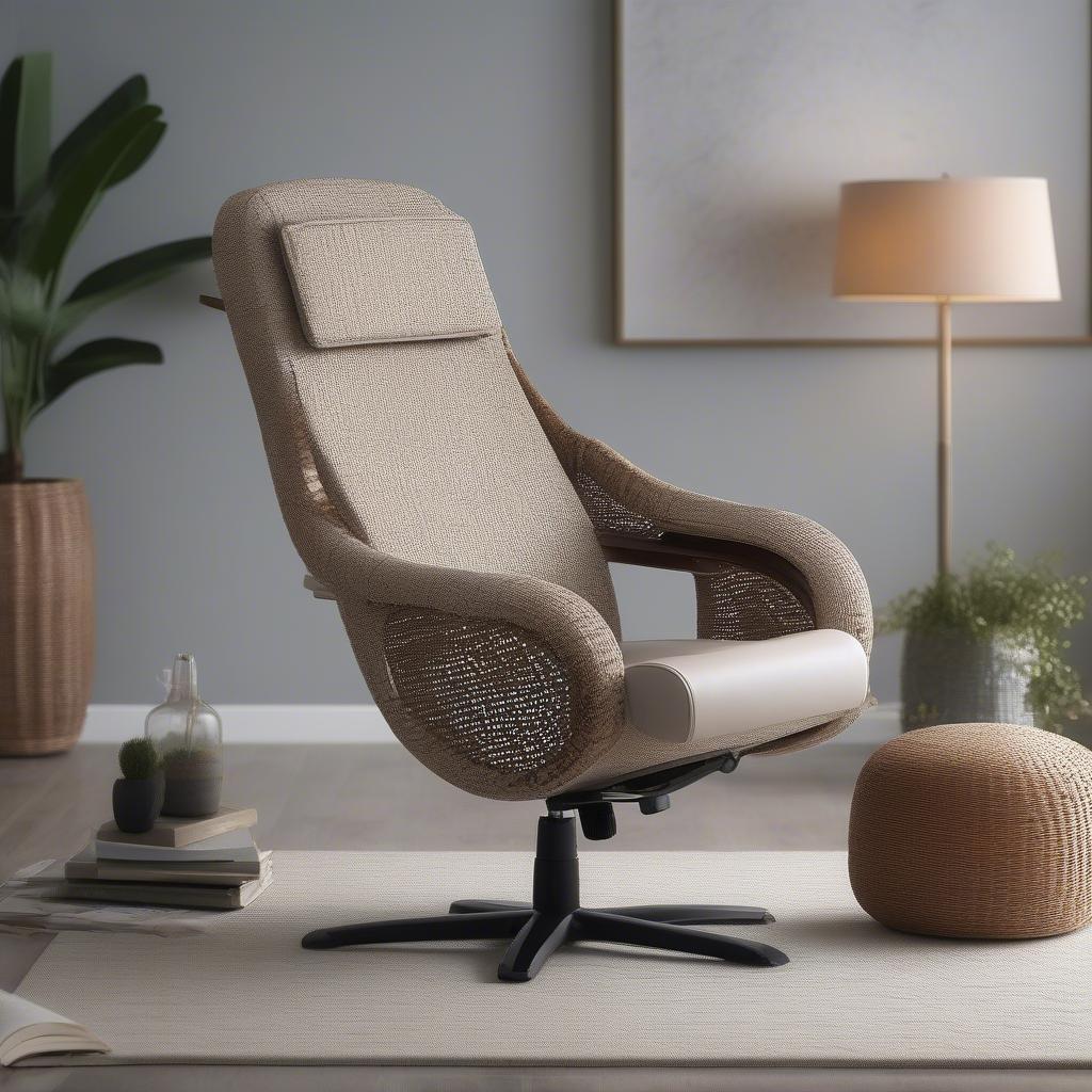 RTB Dream Weave Massage Chair Design: Showcasing the intricate wicker-inspired design and luxurious upholstery of the chair in a modern living room setting.