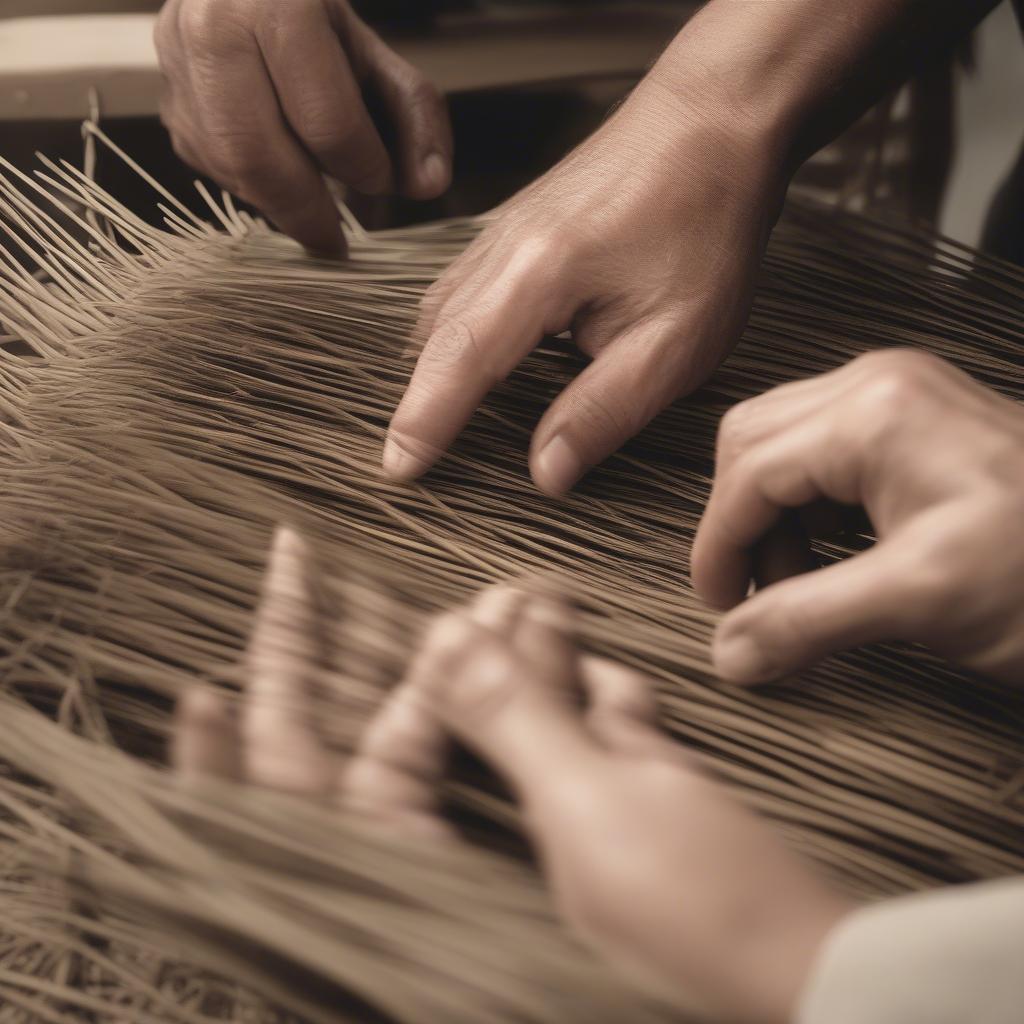 Rush hat weaving process showcasing the intricate handwork involved in creating the hat.