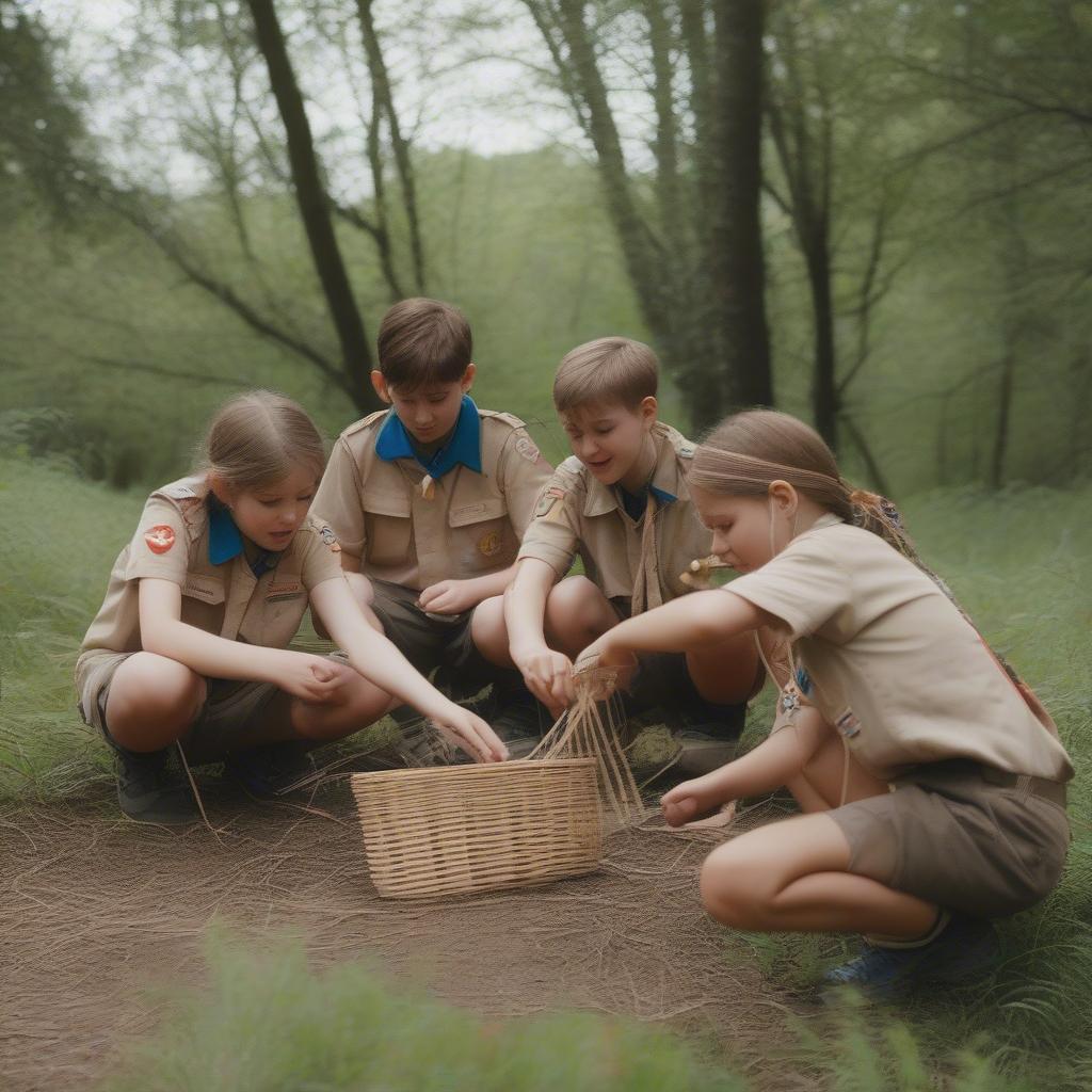 Scouts Weaving Baskets Outdoors