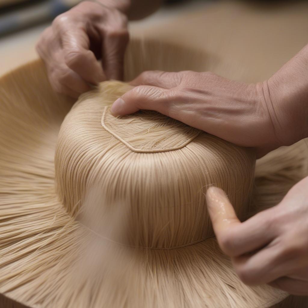 Hands shaping a raffia hat on a wooden block.