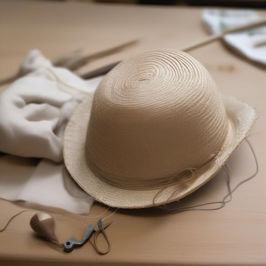 Shaping the crown of a straw hat using a wooden form