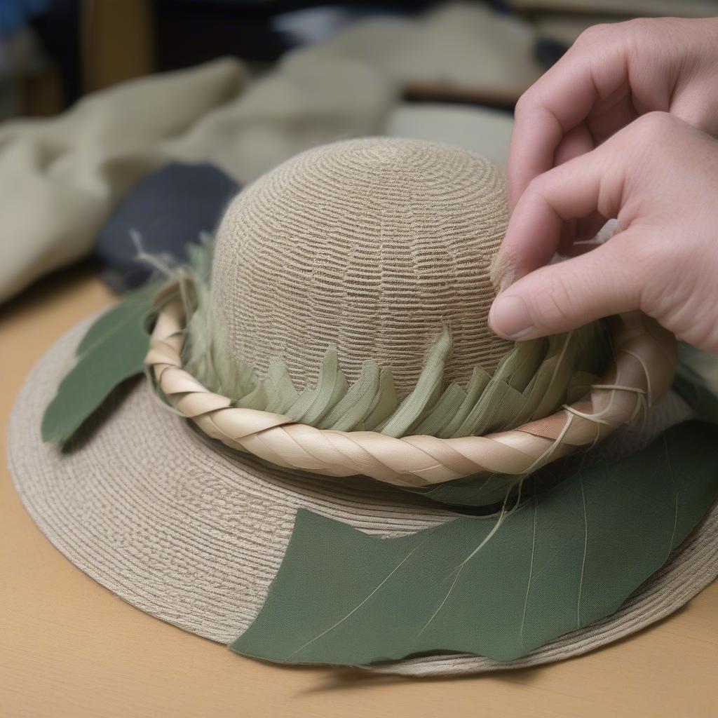 Angling the coconut leaf strips outwards to form the brim of the hat