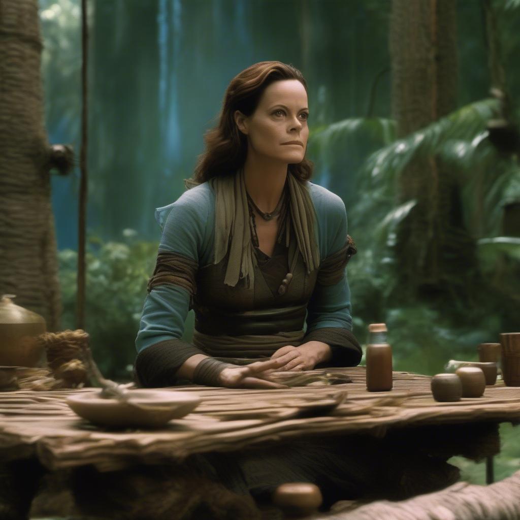 Sigourney Weaver in Avatar movie scene at a table