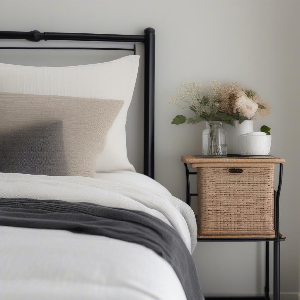 Small black metal accent table with basket weave top used as a nightstand in a bedroom.